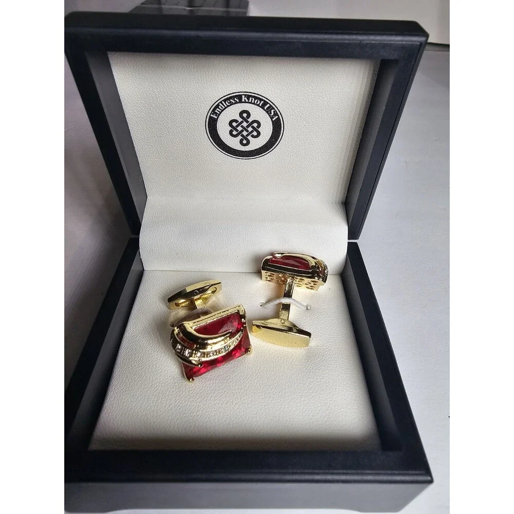 Luxury Red Crystal Rhinestone Square Gold Formal Business Shirt Buttons Cufflink